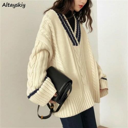 Pullovers Women Vintage V-neck Chic Patchwork Design Retro Thick Soft Preppy Girls Knitwear Harajuku Trendy Fall Ladies Sweater