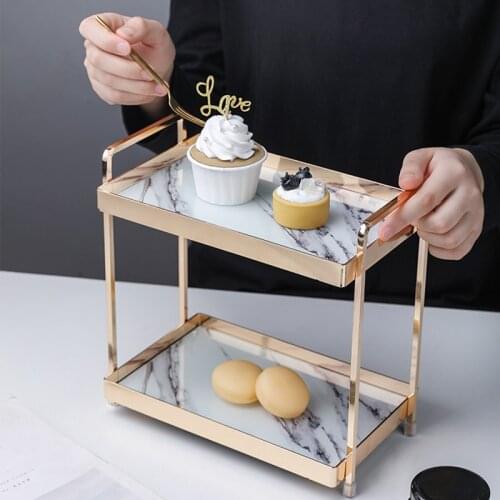 Luxury Tempered Glass Marble Double-layer Cosmetic Storage Rack Modern Home Bathroom Metal Jewelry Teacup Bathroom Supplies Rack