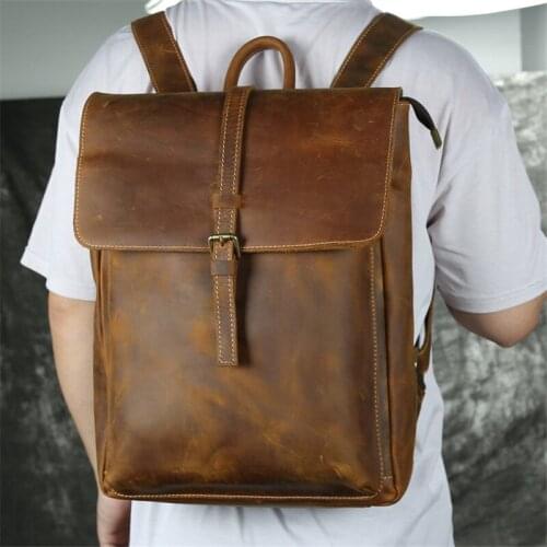 POOLOOS Thick Brown Genuine Crazy Horse Leather 14'' Laptop Men Backpack Travel Bag Highend Large Capacity Vintage New M015