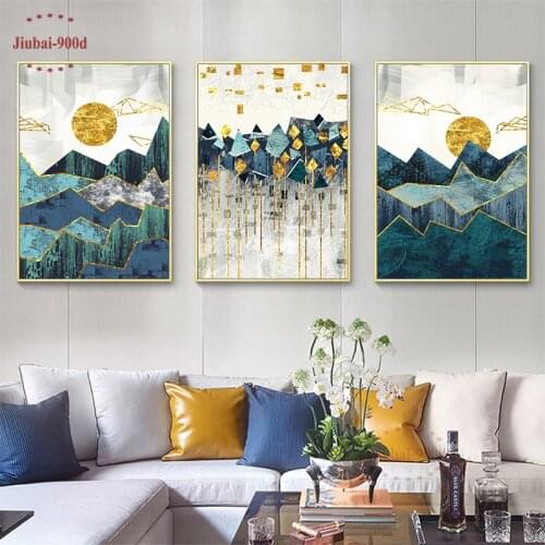 Nordic Abstract Wall Painting Geometric Mountain Landscape Posters And Prints Golden Sun Wall Art Canvas Picture for Living Room