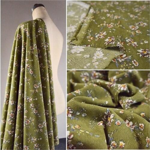 Corduroy Fabric Elegant Late Autumn Fragrant Green Floral Cheongsam Skirt Pants Jacket Vamp Winter Womens Handmade DIY Fabric
