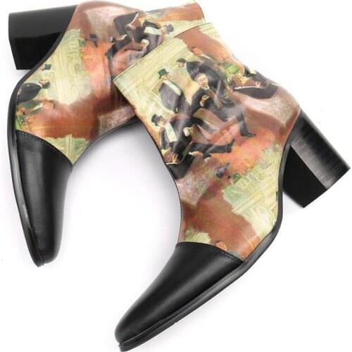 Vintage 3D Print Men High Heels Chelsea Boots Genuine Leather Rome Style Ankle Boots Zipper Male Dress Shoes Sapato Botas