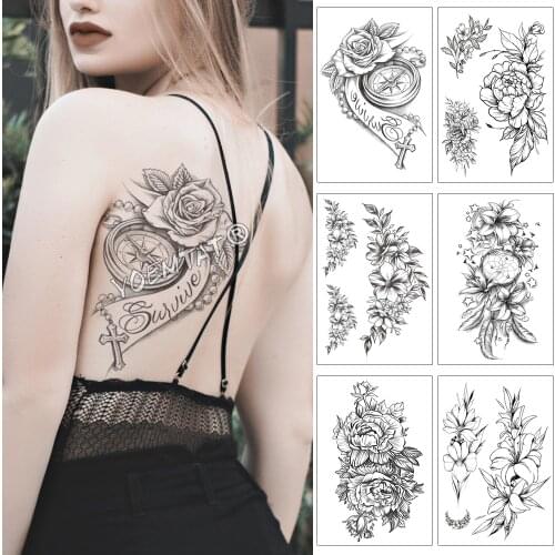 Rose Compass Pearl Cross Waterproof Temporary Tattoo Sticker Black Lace Arm Back Flowers Big Tatto Body Art Fake Tatoo For Women