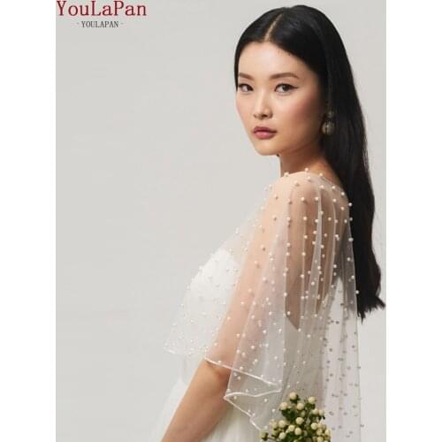 YouLaPan G27 Short Front Long Back Wedding Capelet Shawl Elegant Pearls wedding Bridal Cape Cloak Shawl Cover over the Shoulder