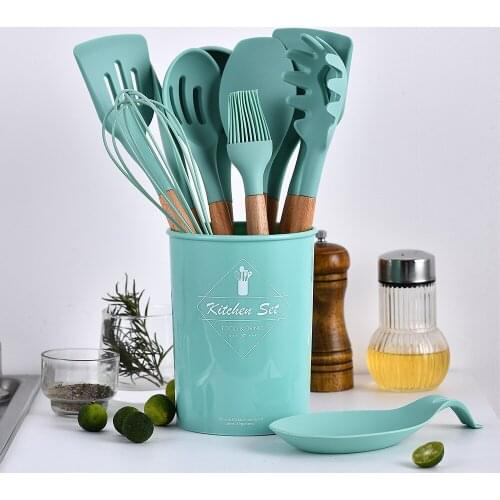 Green Creative Fashion Wooden Handle Silicone Kitchenware Set Kitchen Accessories Cooking Kichen Accessories Cookware Turkish