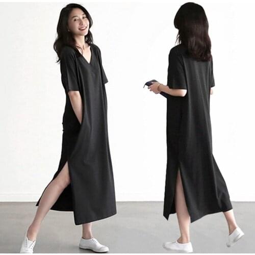 Summer New Womens Clothing 2021 Korean Version V-neck Short-sleeved Cotton Plus Size Modal Dress Loose Casual Split Long Skirt