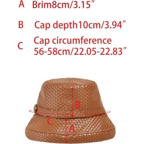 Women Vintage Imitation Leather Bucket Hat Woven Plaid Solid Color Fisherman Cap E15E