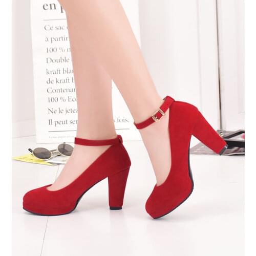 Womens Fashion Pumps Sweet Woman Thick High Heels Ankle Strap Flock Female Platform Mary Jane Women Shoes Ladies Footwear
