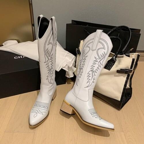 2021 Sweet Wedding Shoes Woman Heels Fall Knee High Boots Genuine Leather Pointed Toe Tight High Boots WESTERN