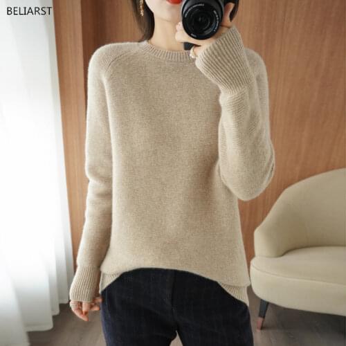 100% Pure Wool Cashmere Sweater 2021 Spring/Autumn Womens O-neck Pullover Casual Knit Tops Korean Fashion Long Sleeves Jacket