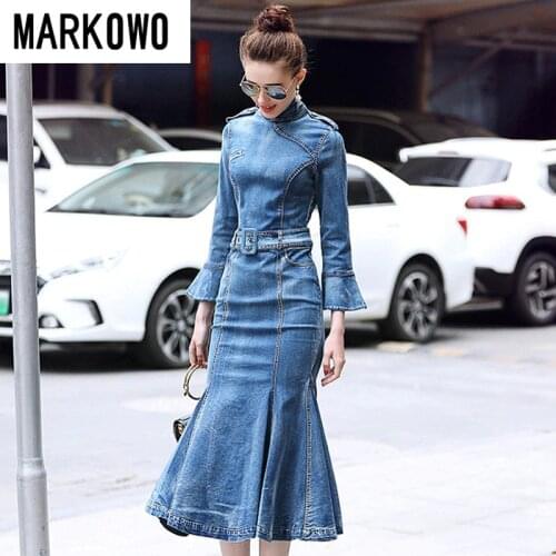 MARKOWO Desinger Brand 2020 Autumn and winter womens new fashion denim commuting office long step skirt dress