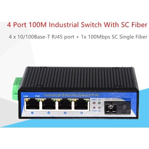 100M Industrial Switch Single Mode Single Fiber 4 x 10/100Base-T RJ45 port + 1x 100Mbps SC port Bidi Industrial Media Converter