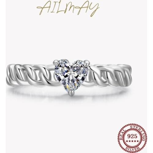 Ailmay Elegant Romantic Heart Clear Zircon 925 Sterling Silver Braided Texture Ring For Women Wedding Engagement Fine Jewelry