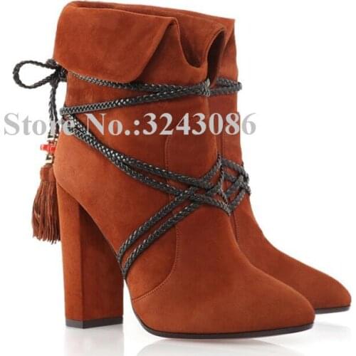 Women Chunky Heel Ropes Ankle Boots Fashion Design Brown Black Tassel Short Boots Lady Handmade Banquet Boots Dropship Shoes
