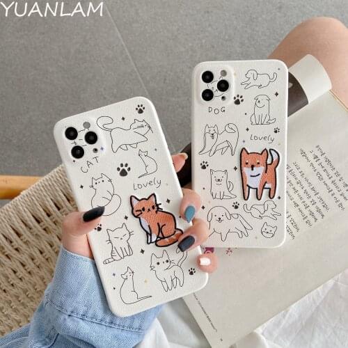 Line Cat dog embroidery phone Case For iphone 7 8 plus SE2020 X XS MAX XR 11 Pro Max Leather Silicone Cover Soft TPU Capa Coque
