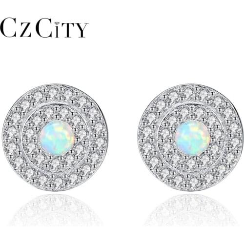 CZCITY Genuine 925 Sterling Silver Stud Earrings for Women Fire Opal Round Shape Charming Women Post Earring Engagement Jewelry