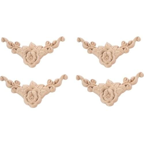 4pcs 8*8cm Wood Carved Corner Onlay Applique Door Cabinet Rose Unpainted European Style