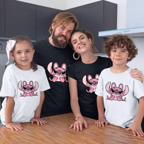 Lilo & Stitch Family Look Summer New Products Fashion O-Neck Harajuku Disney Adult Unisex Black White T-Shirts Cartoon Printing