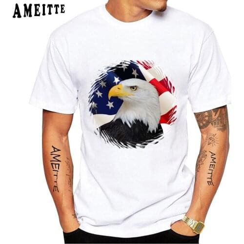New Summer Mens Short Sleeve Eagle American Flag T-Shirt Funny Bird Cartoon Print Boy Casual Tops Hip Hop Fashion White Tees
