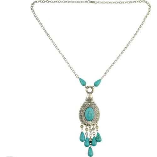 FYJS Unique Silver Plated Water Drop Green Turquoises Stone Pendant Link Chain Necklace Ethnic Style Jewelry