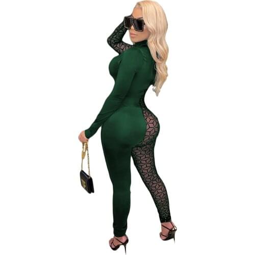 Womens Sexy Printed Mesh Stitching with Zipper Jumpsuits Female Black Strappy Tight Long-Sleeved Skinny See Through Rompers