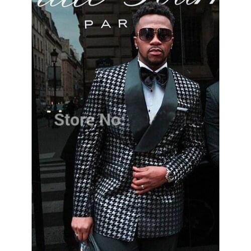 Costume Homme Mariage 2020 Custom Double Breasted Prom Suit Houndstooth Groom Wedding Men Suit Blazer Slim Fit Best Man Tuxedo
