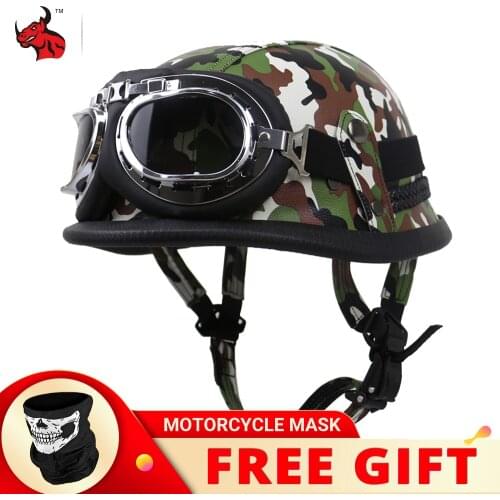 Summer Leather Motorcycle Vintage Helmet German Motorbike Open Face Half Helmet With Glasses Chopper Biker Pilot Casco Moto