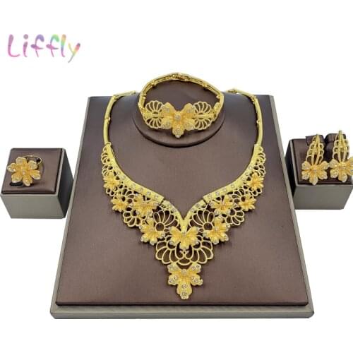 Liffly Dubai Charm Women Fashion Jewelry Sets Flower Necklace Bracelet Party Earrings Ring Luxury Jewelry Wedding Gift