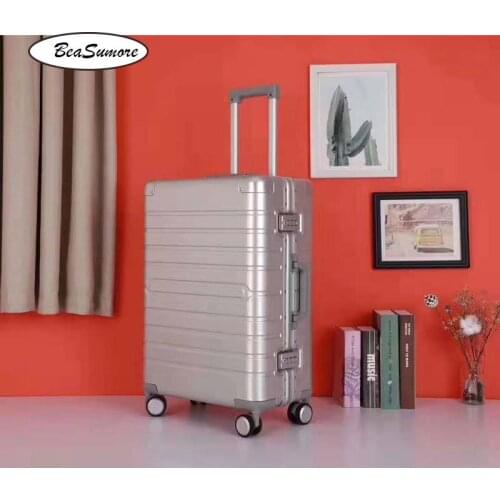 BeaSumore Retro 100% aluminum alloy Rolling Luggage Spinner high quality Suitcase Wheels Men Business 20 inch Cabin Trolley