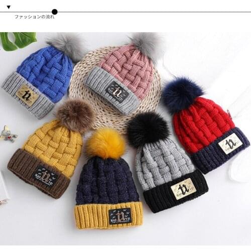 New childrens knitted wool cap thickness warm knit wool cap u letter label knitted wool scarf cap set for boys and girl HT19043