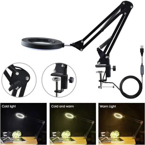 Fit for 10X Magnifying Desktop LED Lamp Stepless Dimming 3 Colors Adjustable Swing Arm with C-Clamp for Soldering Reading Beauty