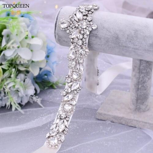 TOPQUEEN S462 Bridal Belt Sash for Party Rhinestone Crysta Bridal Belt for Dresses Beaded Applique Bridal Belt for Women Dresses