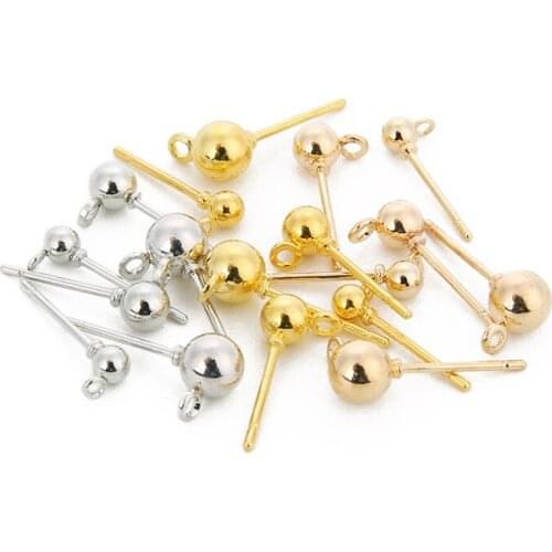 Sauvoo 20pcs/lot KC Gold Gold Rhodium Color 3 4 5mm Ball Ear Posts Needle Stud with Loop for DIY Earring Jewelry Making Finding