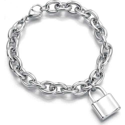 Titanium Steel Tags Lock Bracelet For Women Men Square Padlock Charm Industrial Age Style Rolo Chain Bracelet Colgante Candado