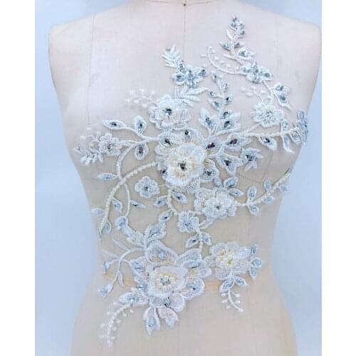 Heavy 3D Beaded Rhinestone Lace Applique Embroidered Floral Motif Sew On Evening Dress, Costume