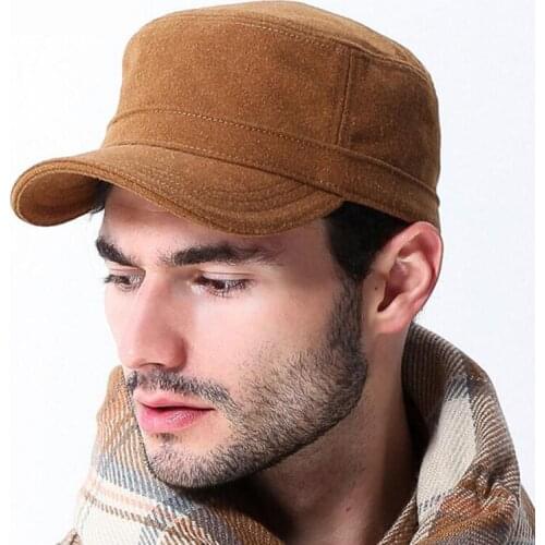 Outdoor Men Military Hat 2016 New Fashion Casual Adults Autumn Winter Military Hats Flat Top Imitation Leather Warm Military Cap