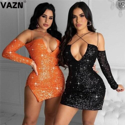 VAZN New 2021 New Bling Bling Sequins Glitter Stretchy Package Hip Bodycon Mini Dress Slim Dress Club Party Cocktail Dress