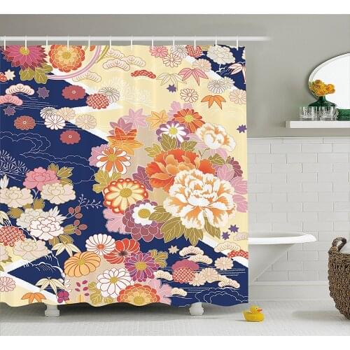 Japanese Shower Curtain Traditional Kimono Motifs Composition Asian Ethnic Floral Patterns Vintage Artwork Bathroom Decor Set