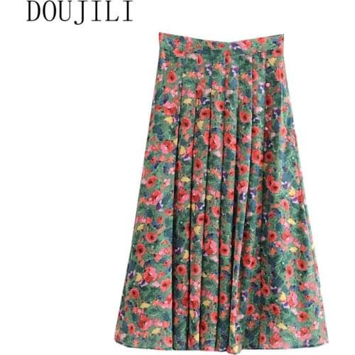 DOUJILI Women Elegant Midi Skirts Sweet Flower Print High Waist Pleated Office Ladies Skirts Casual Wearing