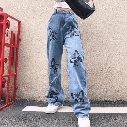 New 2021 Street Fashion Womens Personality Butterfly Printing Jeans Straight Pants High Waist Casual Loose Jeans Trousers