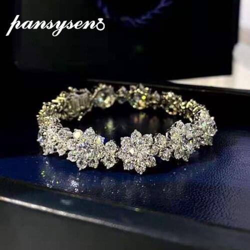 PANSYSEN Classic 100% 925 Sterling Silver Flower Created Moissanite Diamonds Wedding Cocktail Women Charm Bracelets Fine Jewelry