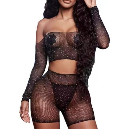 Female High Waist Swimwear Erotic Sex Costume Rhinestone Sexy Retro Mesh Hollow Out String Lingerie Set Fashion Temptation