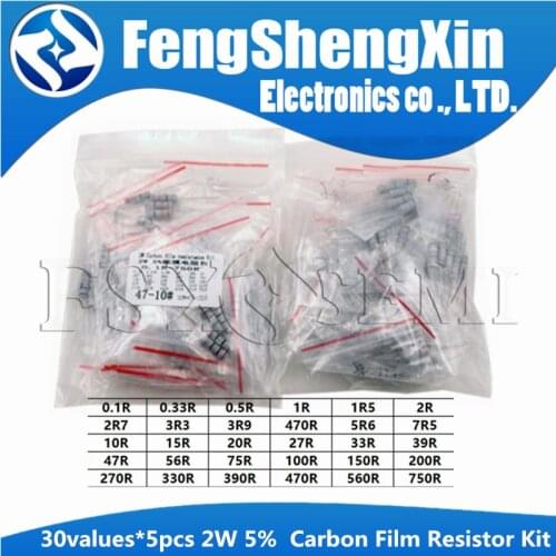 30values*5pcs=150pcs 2W 5% Carbon Film Resistor Kit 0.1R-750R ohm