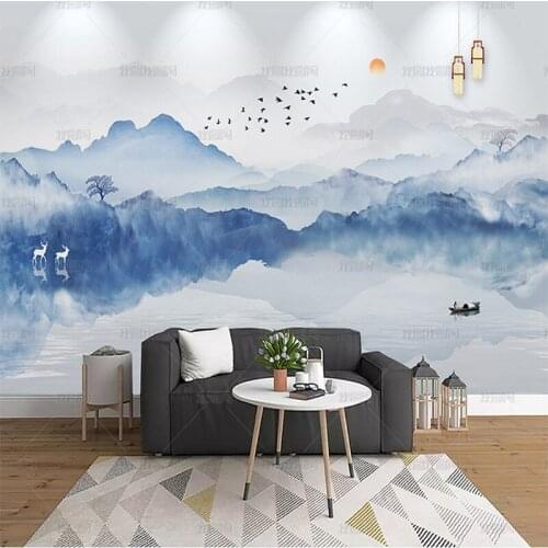 3D ink new Chinese modern simple artistic conception landscape wallpaper background wall painting living room wall cloth