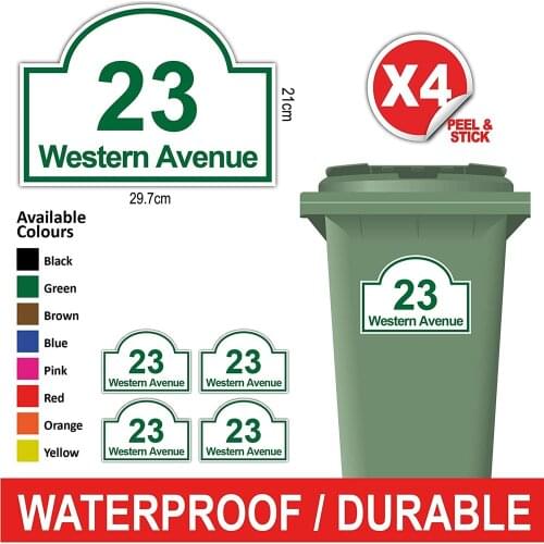 4X Personalised Printed Wheelie Bin Number Stickers with House Number Street Name Classic Style
