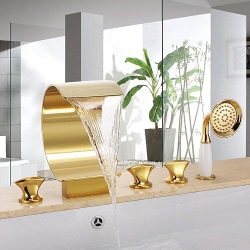 Free ship Modern Design Gold Finish 5 Holes Widespread Waterfall Bathroom shower Tub Faucet deck mounted