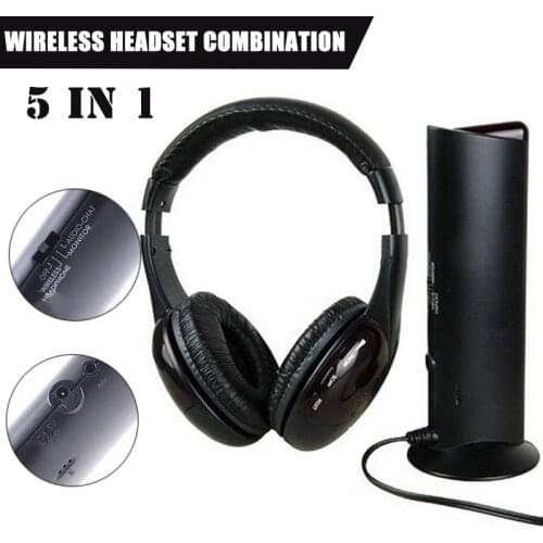 5-in-1 Wireless Headset Headphone RF Mic for PC TV DVD CD MP3 MP4 Player Accessories FM Transmitter Stand Portable Earphone