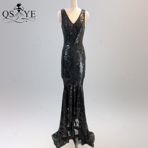 Black Evening Dresses Mermaid Long Prom Gown Glitter Sequin Party Dress V Neck Lace Formal Gown Sparkle Women Dress Sweep Train