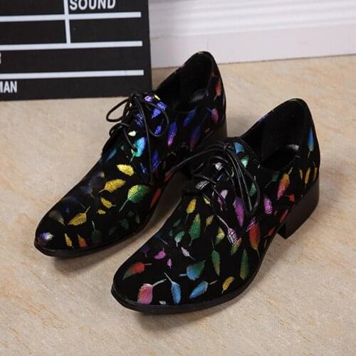 Christia Bella Personalized Fashion Colour Feather Printing Man Oxfords Shoes Nightclub Party Male Genuine Leather Brogue Shoes