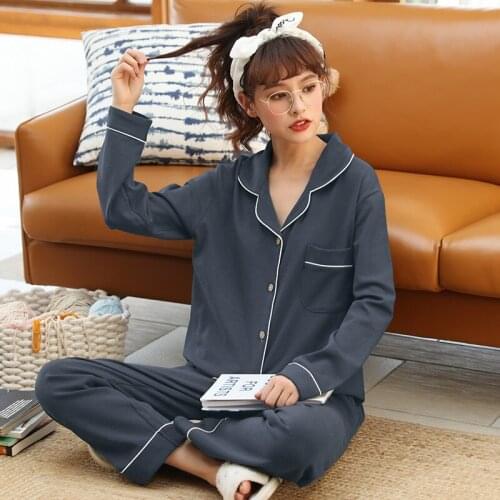 Fdfklak Autumn Pijamas Women Night Wear Pyjamas Set Homewear Long Sleeve Button Pure Cotton 2 PCS Pajamas Plus Size M-XXL